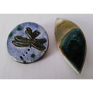 Handcrafted Artisan Ceramic Brooch Lot Dragonfly Raku & Glazed Leaf Pin Set Blue